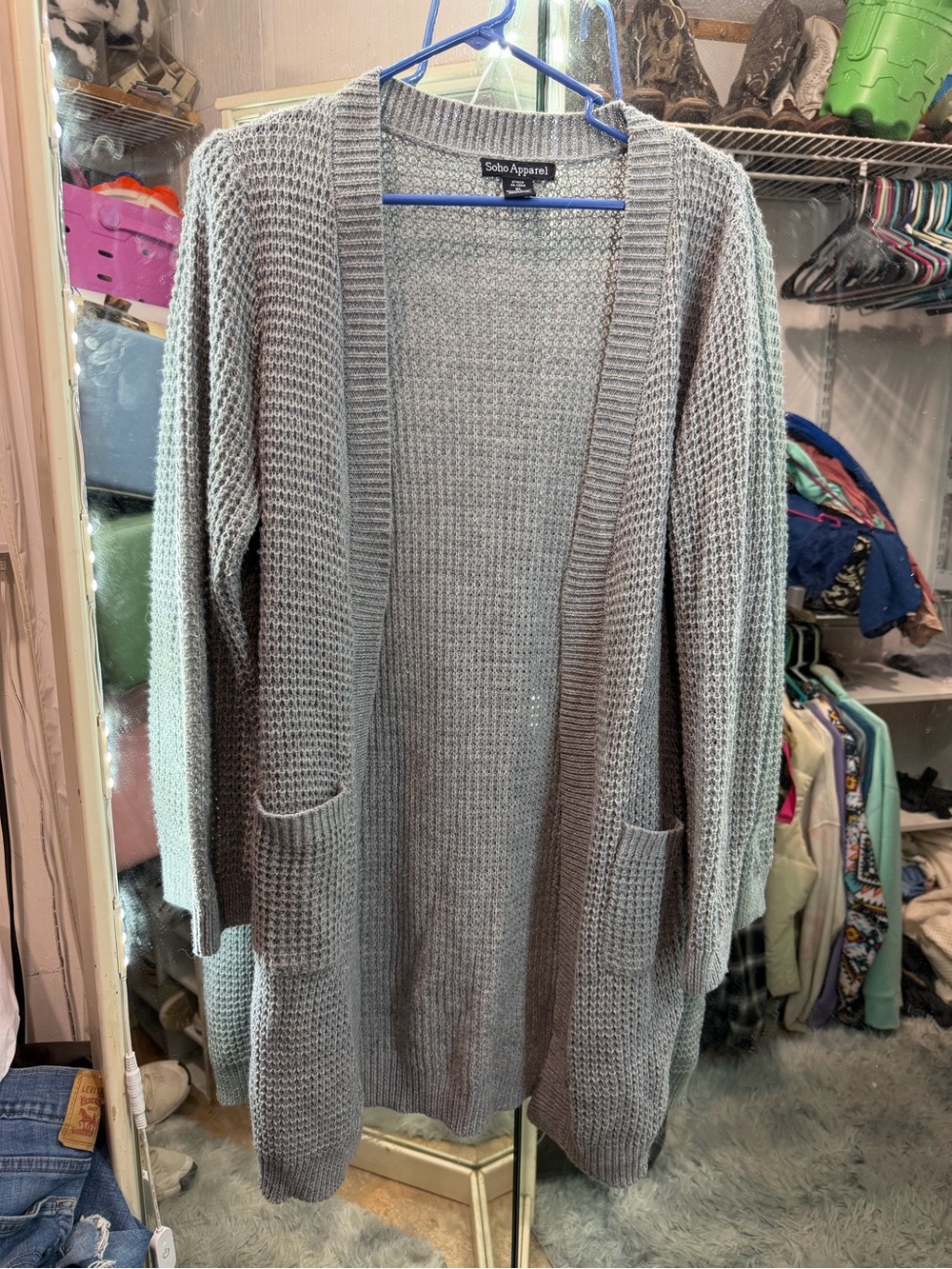Soho Apparel Light Gray Open-Front Knit Cardigan with Pockets